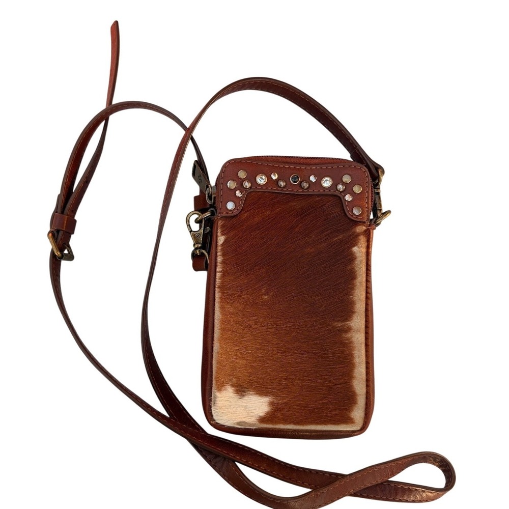 Shyanne Brown Cowhide Leather Studded Rhinestone Crossbody Phone Bag Wallet
